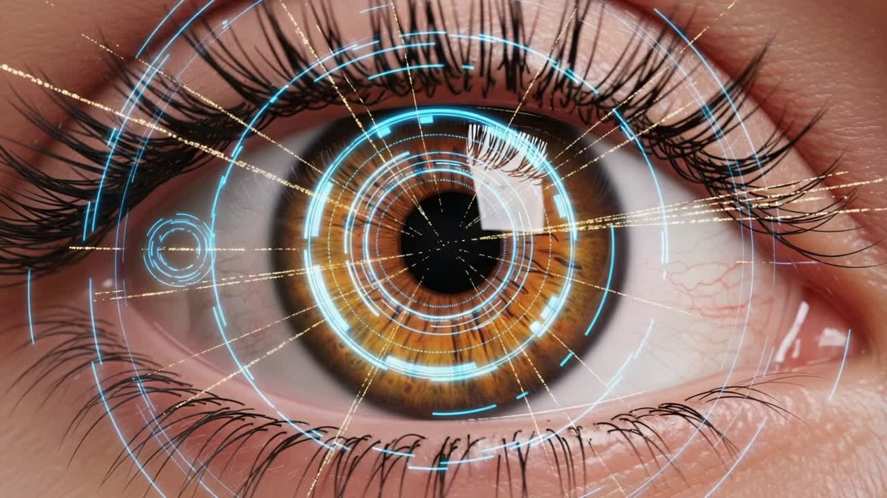 A Stunning Close-Up of an Enhanced Eye, Featuring a Luminous Iris with Futuristic Digital Overlays and Intricate Patterns, Highlighting the Beauty of Human Vision Through Technology
