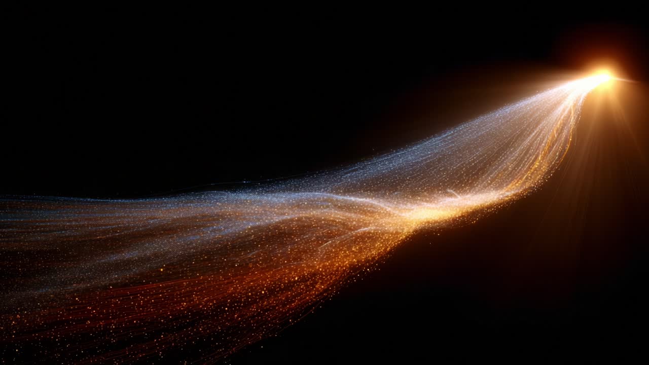 A mesmerizing cascade of shimmering light particles trails through darkness, creating an ethereal display of colors and textures that captivates the imagination and ignites curiosity