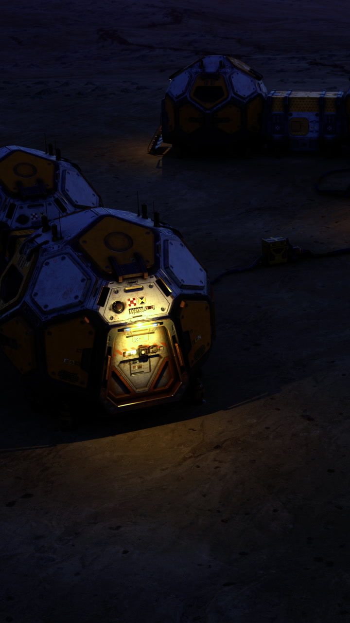 Exploration pods illuminate the dark landscape in a distant lunar terrain