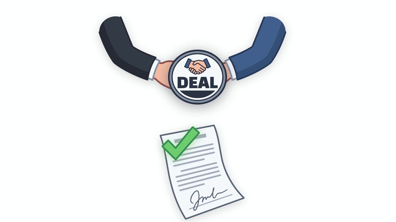 Animazione di firma di contratto commerciale e accordo con stretta di mano