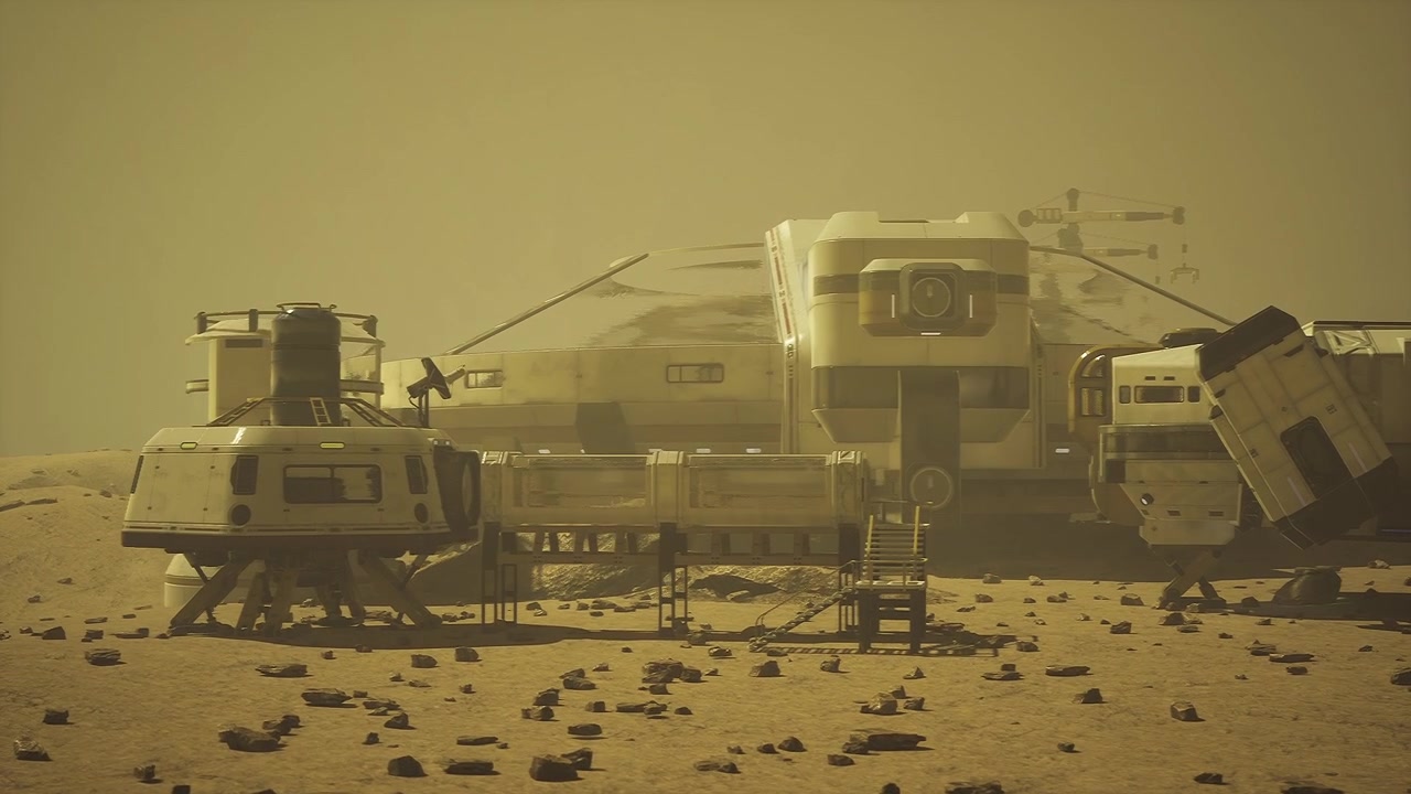 Rough martian landscape showcasing settlement with gear and resources