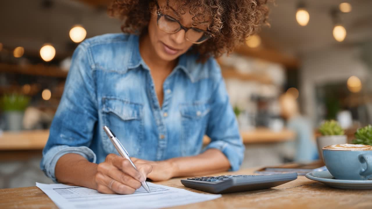 Focused Woman Analyzing Financial Documents in a Cozy Café Environment, Balancing Numbers with Care and Attention to Detail