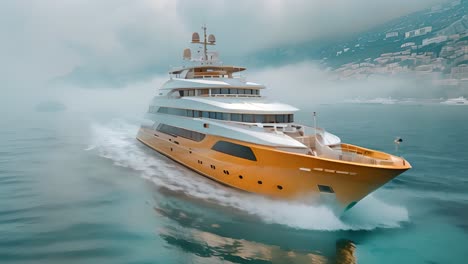 luxurious gold superyacht cruising through misty waters