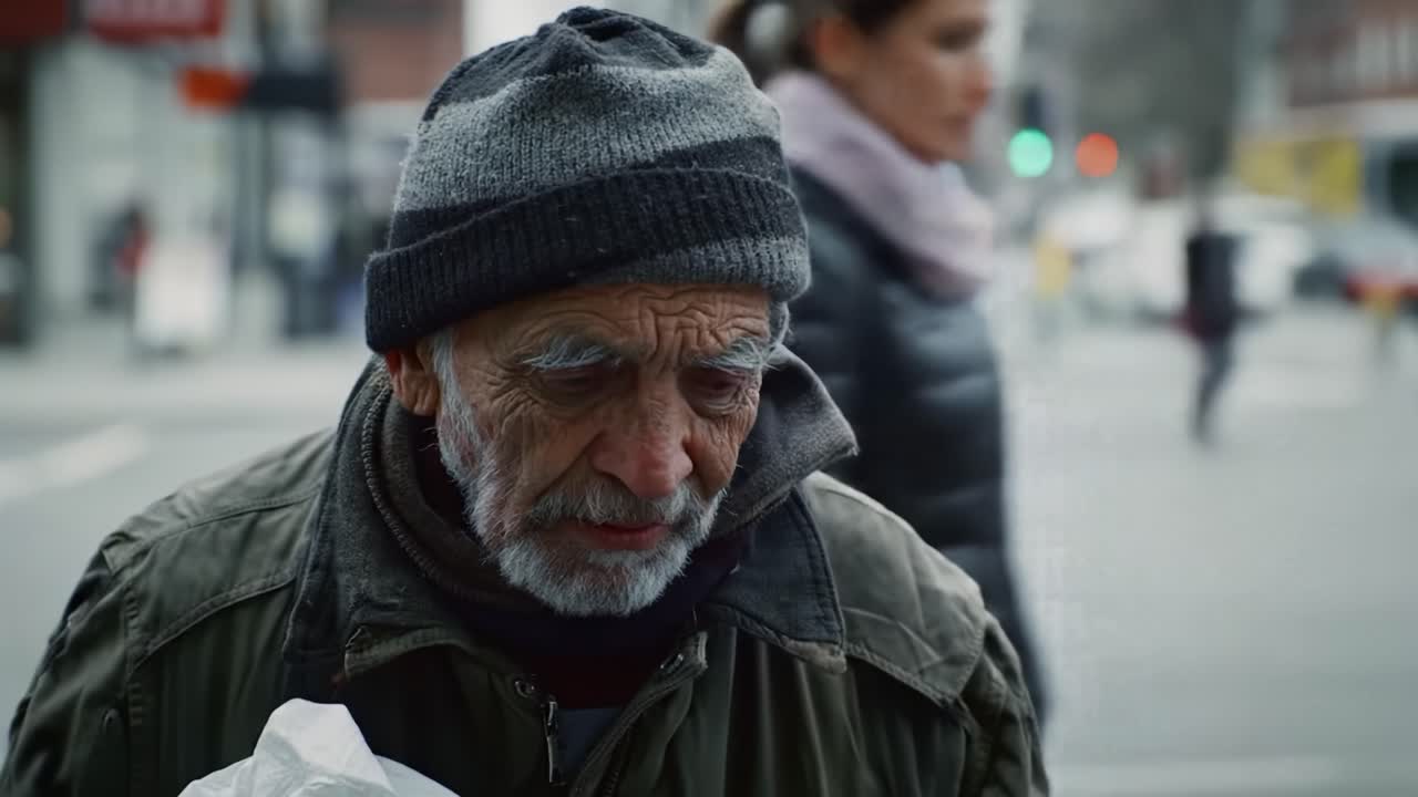 An elderly man with weathered features walks slowly through a busy city street. Cars and pedestrians surround him as he carries a bag, reflecting the challenges of urban life.