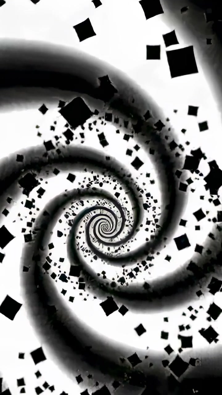 Vertical video: Starting spiral vortex rotating, pulling black squares inward on white backdrop