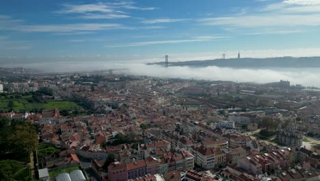 Aerial-establish-shot-Lisbon-Portugal-and-25-de-Abril-Bridge-suspension-bridge-over-Tagus-River