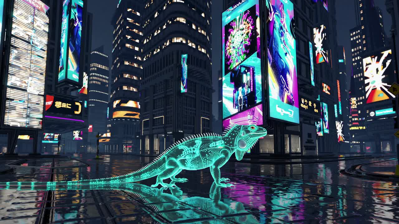 Cyberpunk City with Glowing Lizard Skeleton