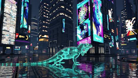 cyberpunk city with glowing lizard skeleton