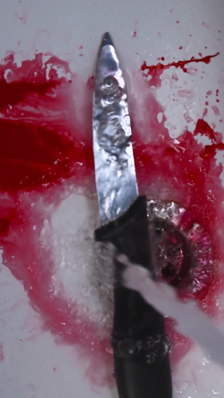 Criminal limpiando un cuchillo ensangrentado bajo el grifo en un fregadero, intentando eliminar pruebas de un asesinato y lavar las manchas de sangre después de cometer un crimen violento