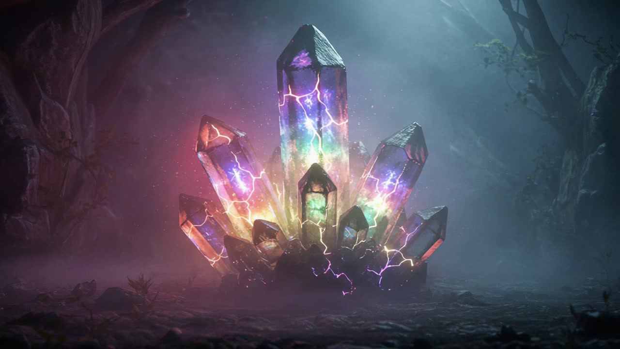 A Stunning Display of Ethereal Crystals Capturing Mysterious Energies Amidst a Misty Forest, Glowing with Intricate Colors and Electrifying Patterns