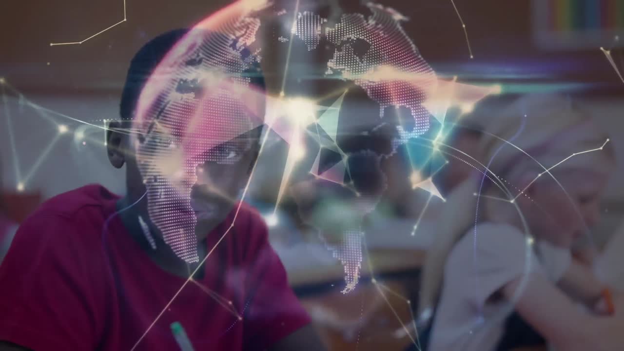 Animation of globe with network of connections over schoolboy writing