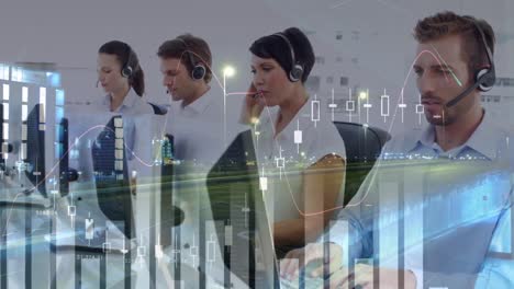 Animation-of-statistics-and-data-processing-over-business-people-wearing-phone-headsets