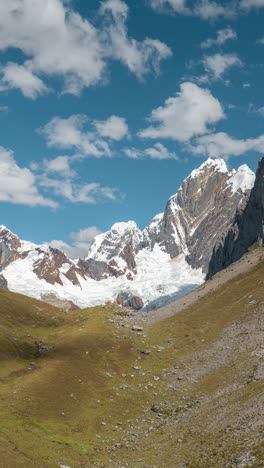 Vertical-4k-Timelapse,-Glacier-and-Snow-Capped-Huayhuash-Cordillera,-Andes-in-Peru