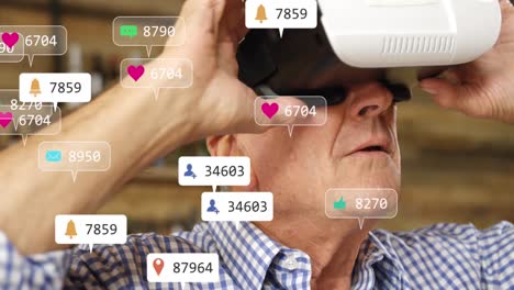 Animación-De-íconos-De-Redes-Sociales-Y-Números-En-Pancartas-Sobre-Un-Hombre-Usando-Auriculares-Vr