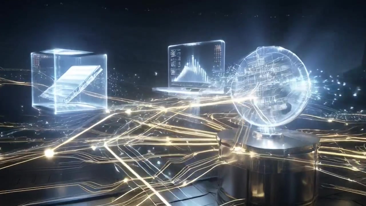 Futuristic Digital Network Visualization with Glowing Data Streams and Holographic Interfaces