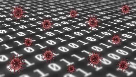 animation of binary coding and virus cells on black background