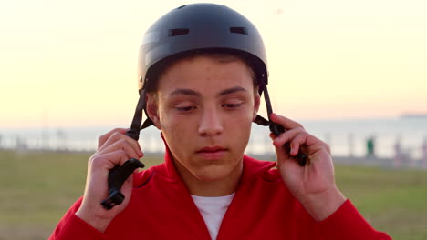 helmet, ready and face of a child cycling