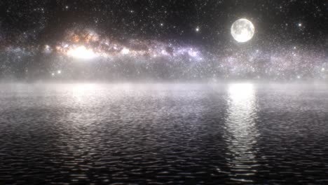 night sky full moon milky way galaxy stars reflection on calm water - 4k seamless loop motion background animation