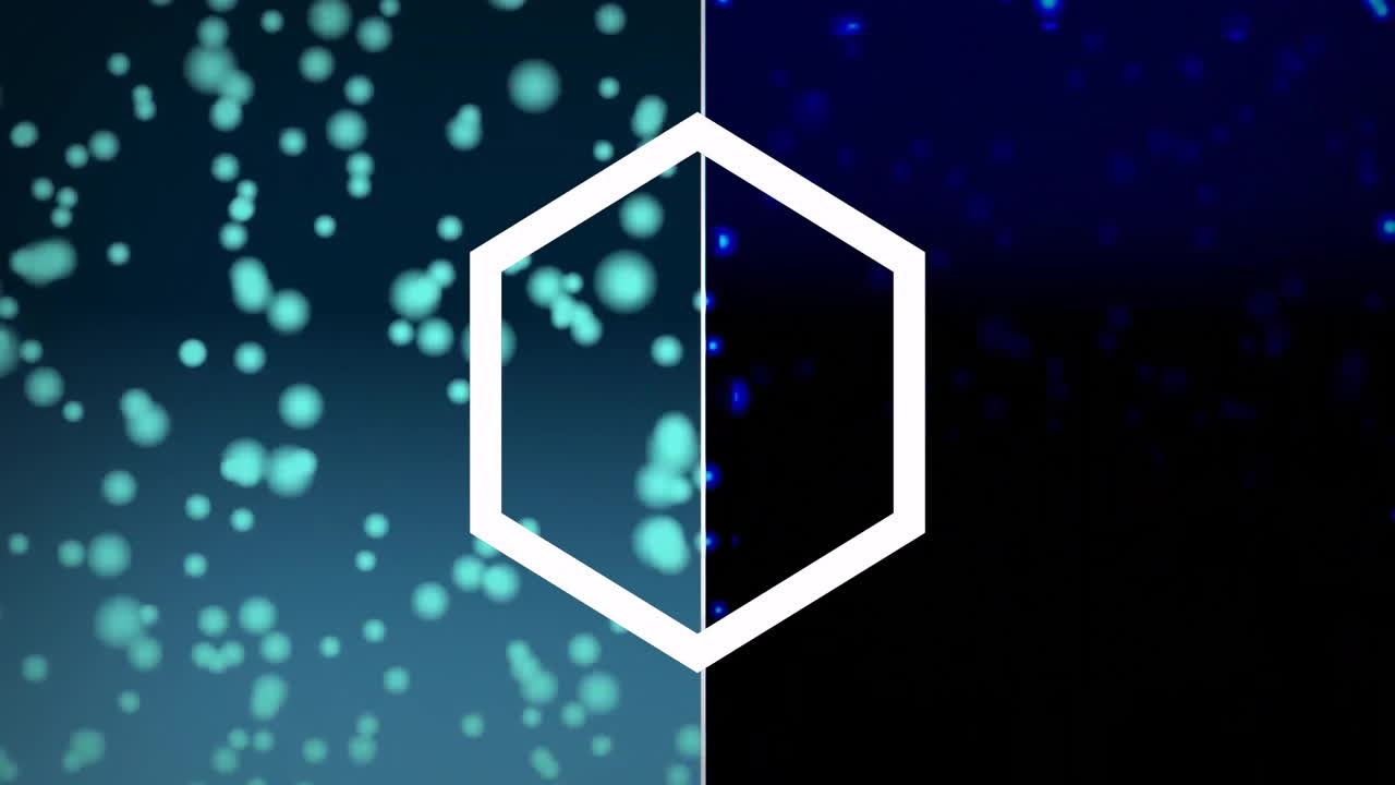 Hexagonal shape animation with glowing particles over blue and black background