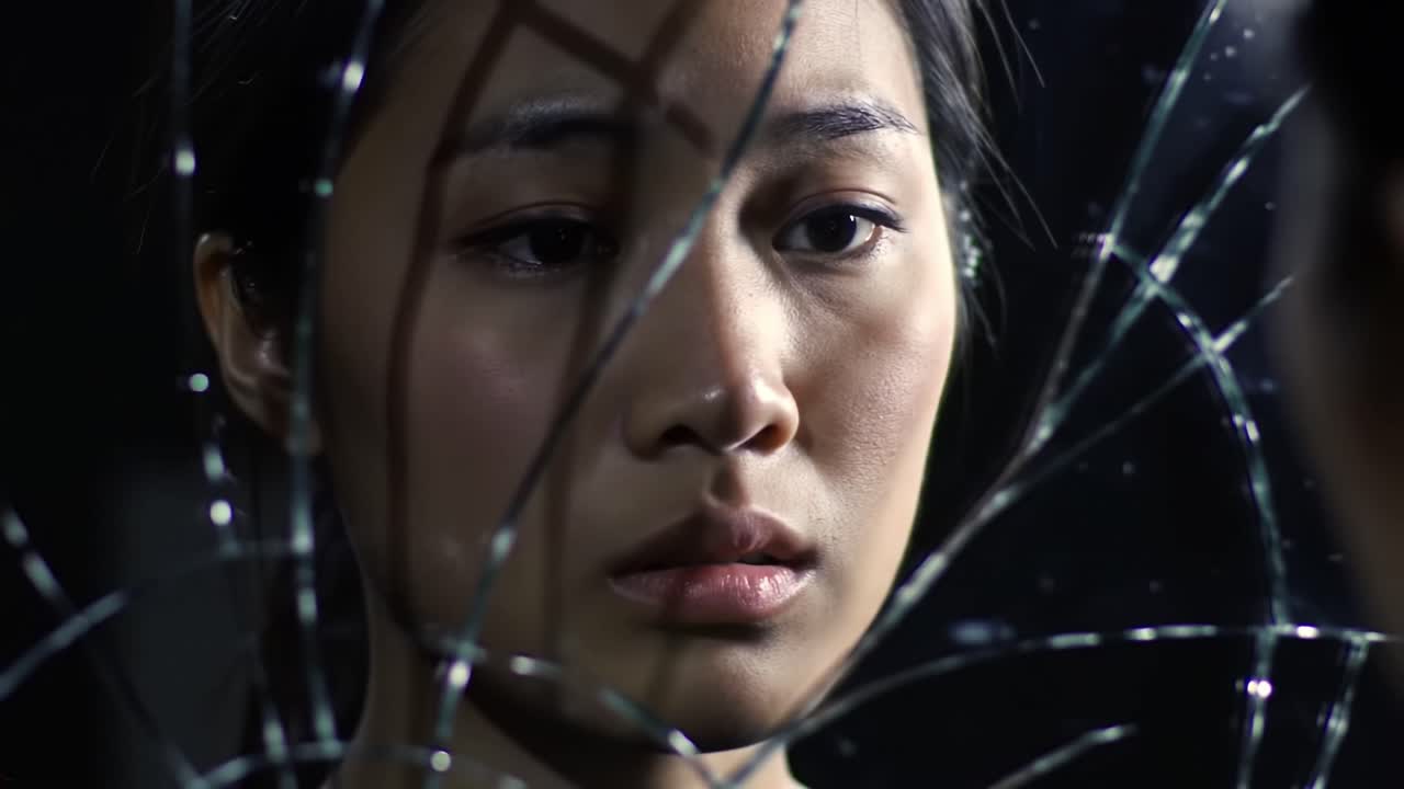 Woman gazes into shattered mirror reflecting emotional turmoil and introspection