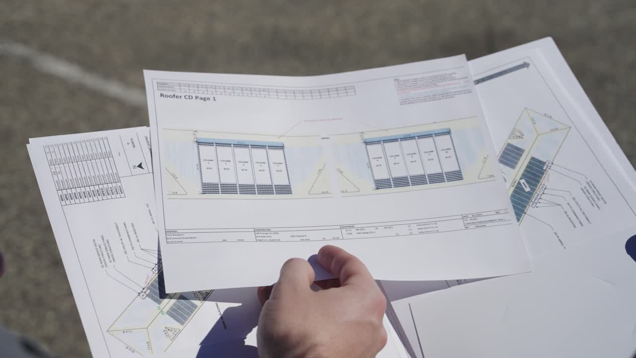 revisión técnica de los planes de techo de tejas solares con diagramas en la luz solar al aire libre".