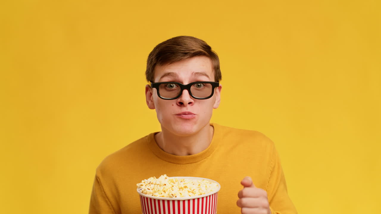 Man Eating Popcorn in Front of Yellow Background