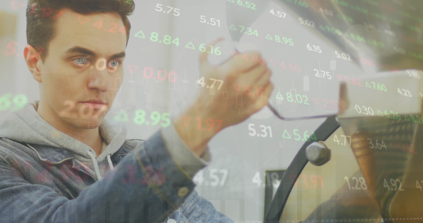 Animation of stock market data processing over male barista preparing coffee at a cafe