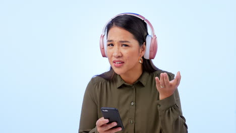 music, phone and face of woman with questions