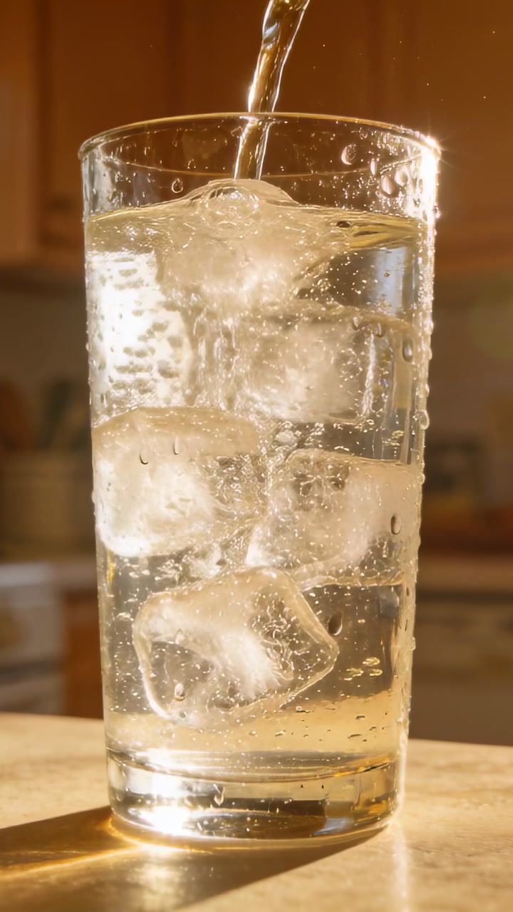 Vertical video: Pouring stream tall clear glass filling and fizzing in kitchen to chill with ice