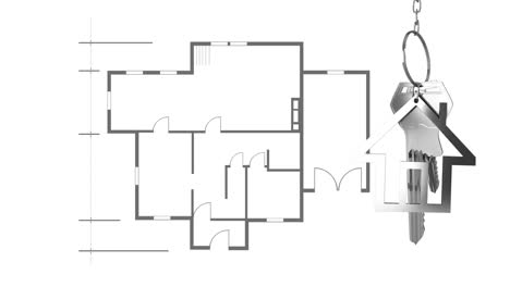 las llaves de la casa y el llavero colgando sobre el dibujo arquitectónico 4k