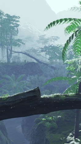 selva verde exuberante con niebla y un puente de troncos de musgo