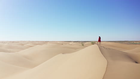cinematic drone shot of a woman in a red dress standing on a sand dune in the gobi desert
