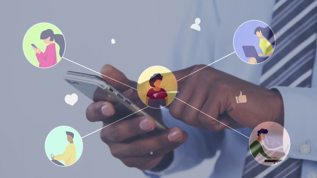 Network of digital icons against mid section of man using smartphone