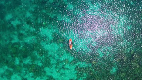 Vista-Superior-De-Un-Turista-Masculino-Acostado-En-La-Tabla-De-Remo-Naranja-En-Medio-Del-Agua-Clara-Del-Parque-Marino-Tagbak