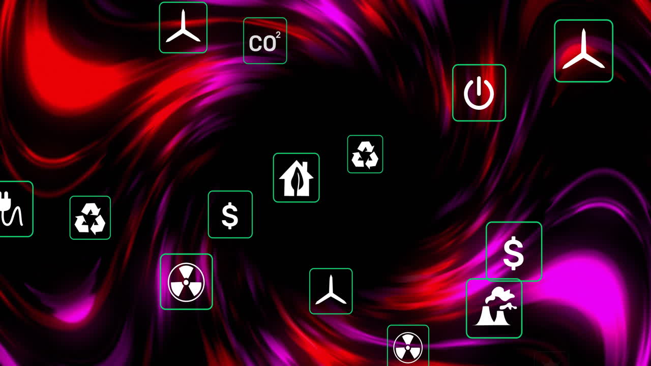 iconos de energía y sostenibilidad animación sobre fondo rojo y púrpura giratorio