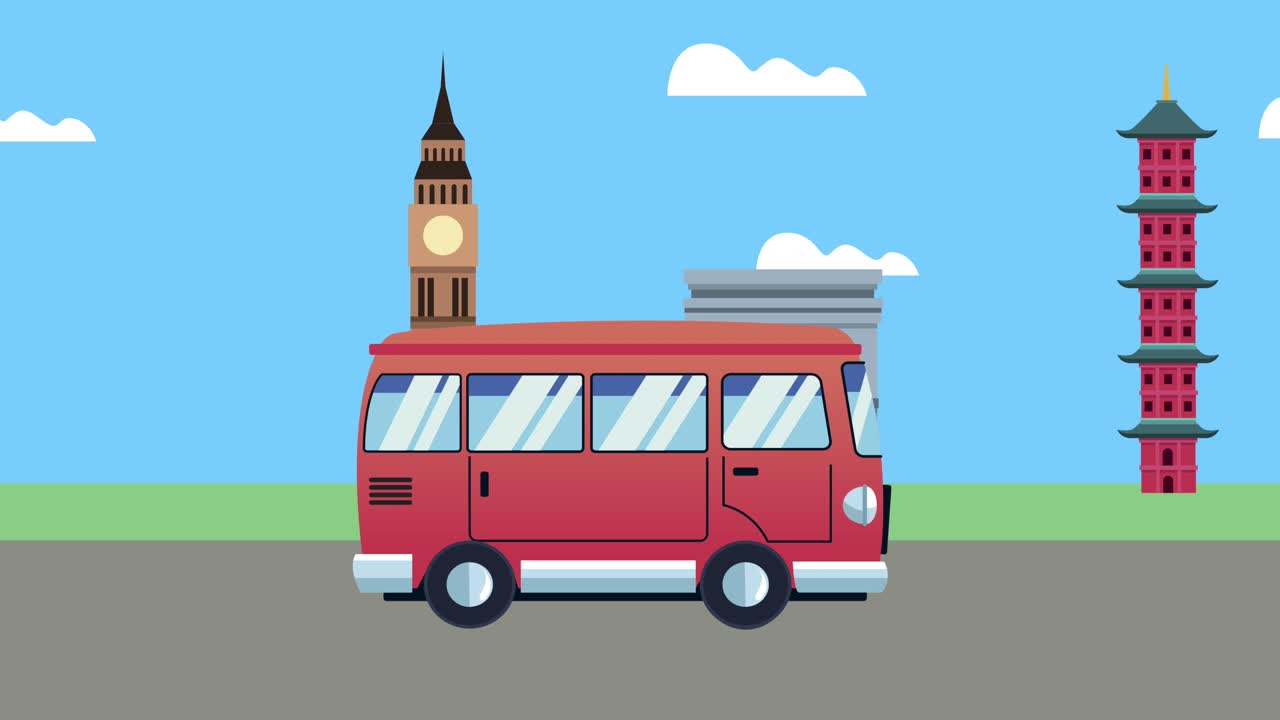 animación del día mundial del turismo con furgonetas y puntos de referencia