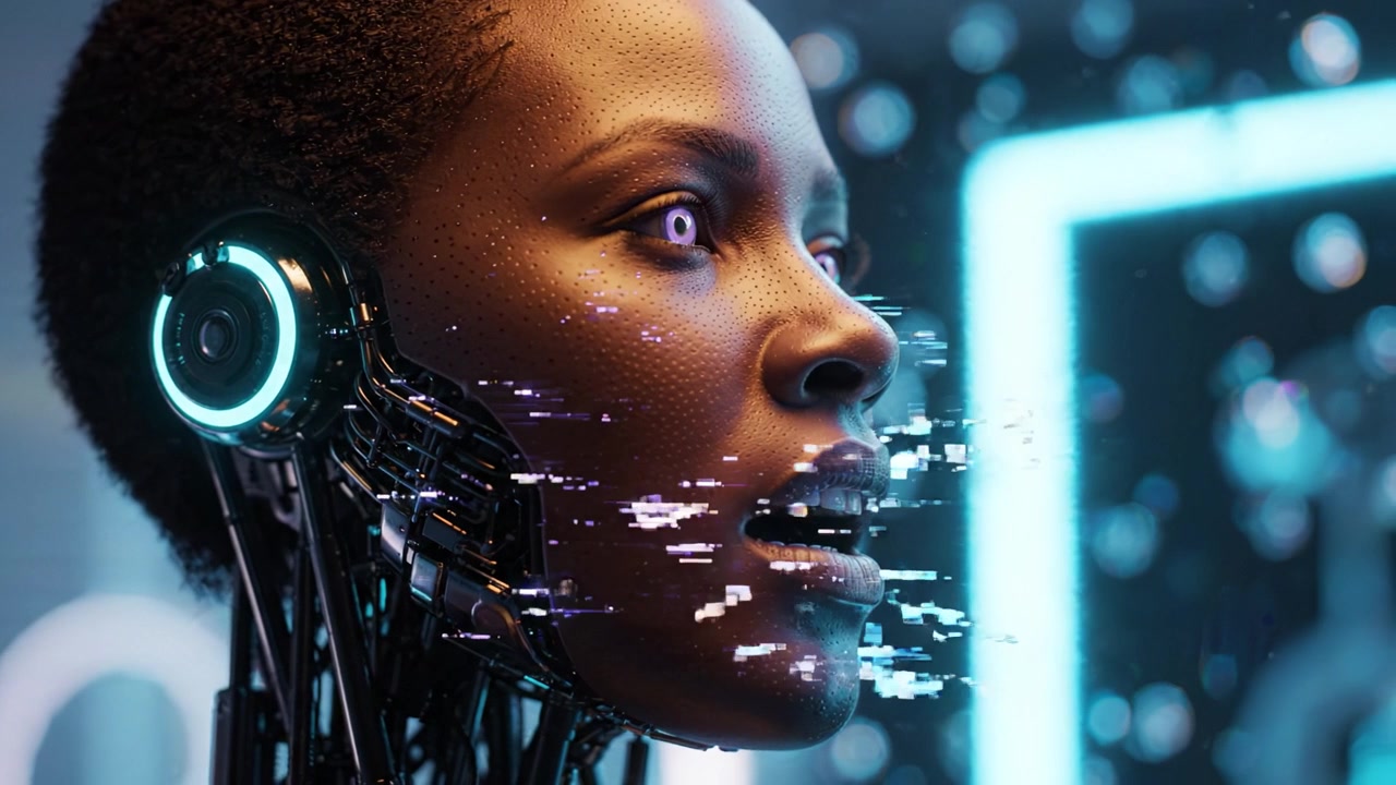Uno sguardo futuristico e accattivante a un robot umanoide avanzato con caratteristiche sorprendenti ed elementi luminosi, che esplora l'intersezione tra tecnologia e umanità.