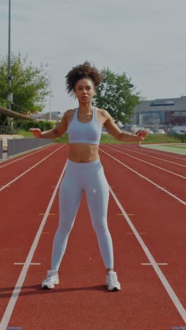 mujer estirándose en una pista de atletismo