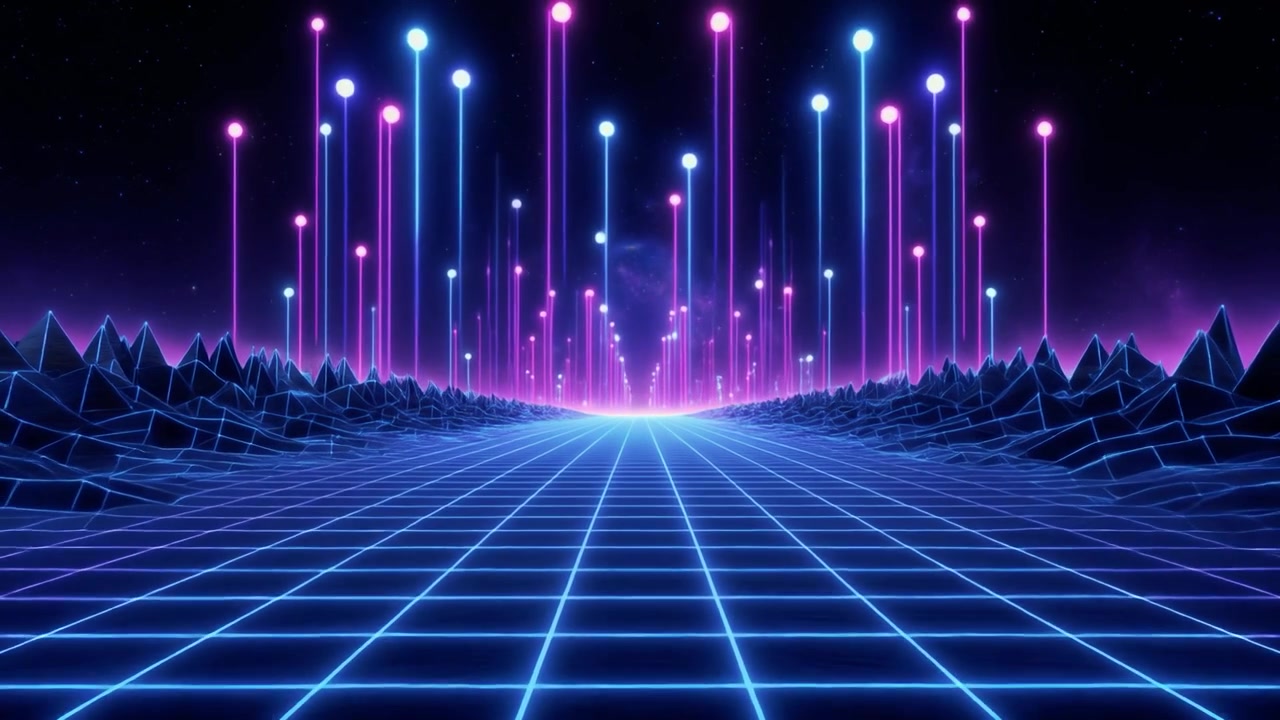 Paesaggio retro synthwave con raggi di luce neon luminosi