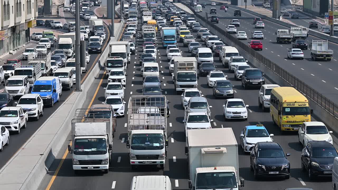 Slow-moving traffic on Sheikh Mohamed bin Zayed Road heading towards Dubai from Sharjah National Paints in the UAE