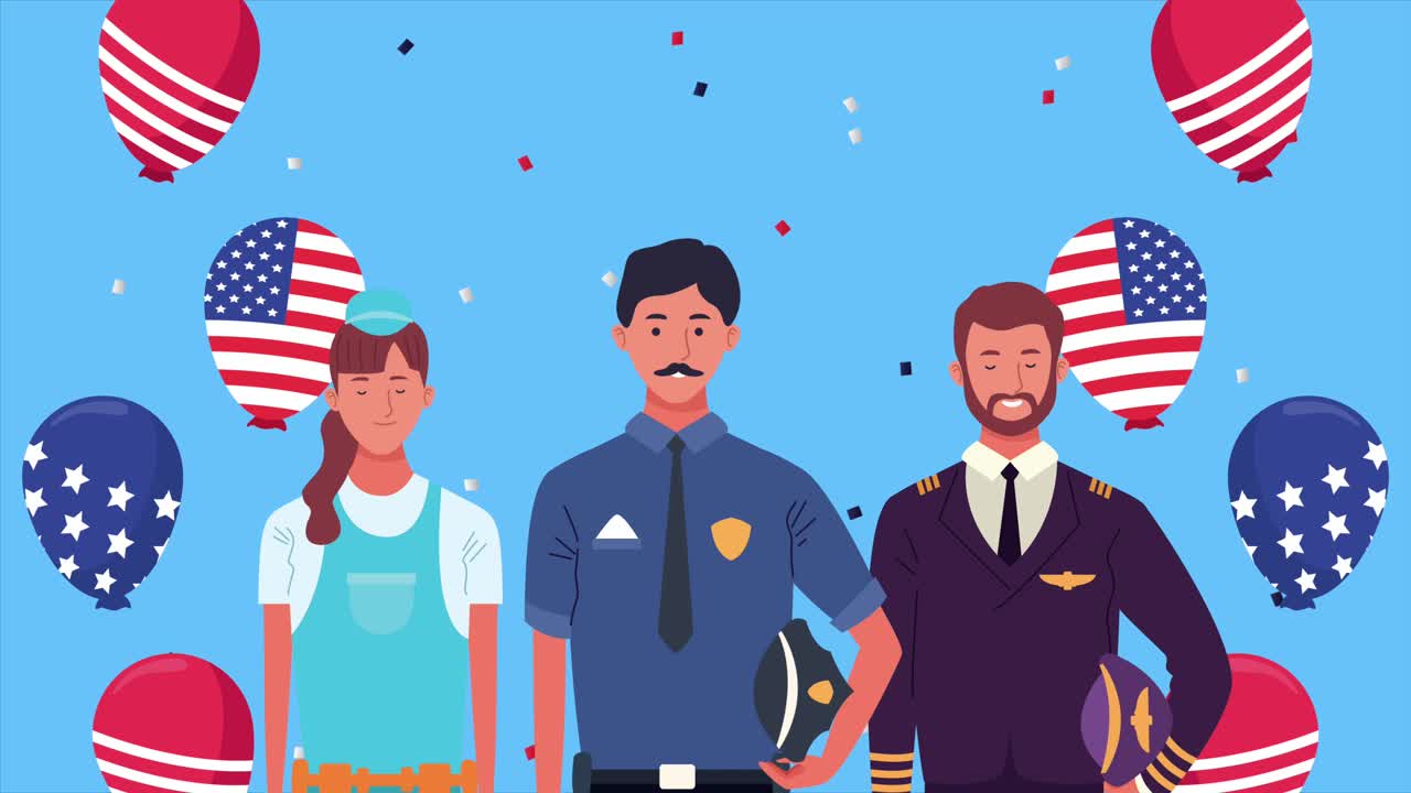 happy labor day celebration with workers and balloons helium usa flag