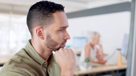 computadora, agencia digital o pensamiento de hombre de negocios