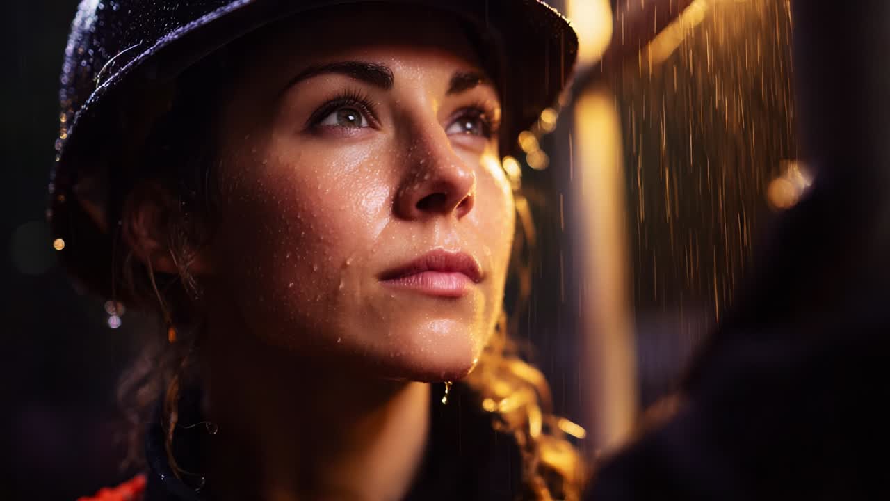 A determined woman gazes upward, raindrops glistening on her face and helmet, showcasing resilience and strength in challenging weather conditions, with soft lighting highlighting her focused expression