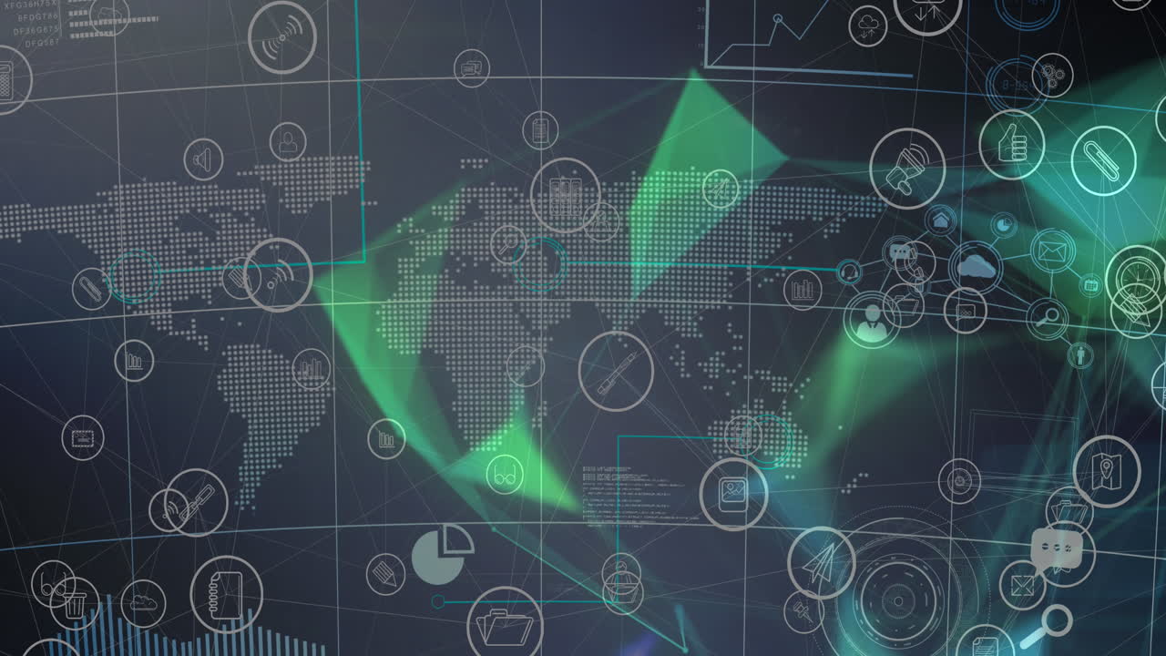 Animation of digital icons over world map