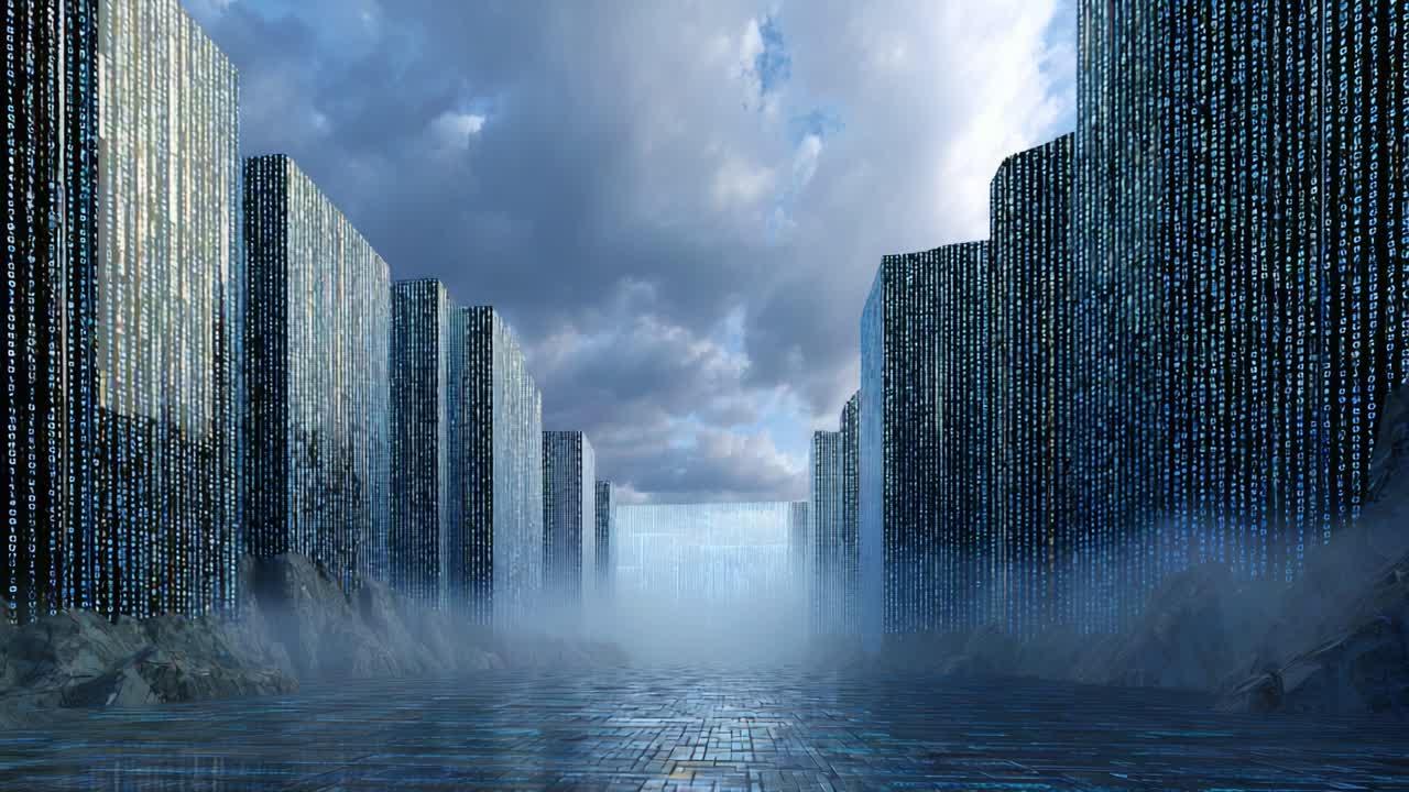 Futuristic cityscape with towering digital structures surrounded by mist, featuring glowing blue neon lines that create an immersive, high-tech atmosphere