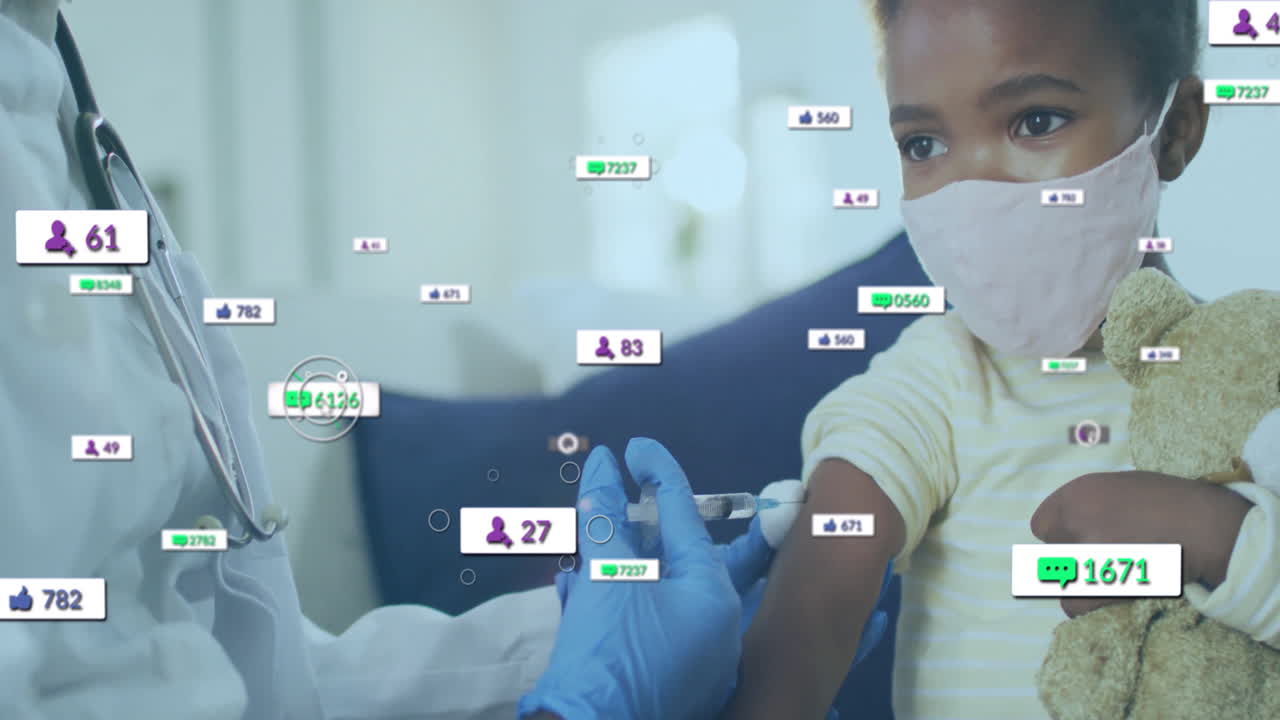 masked girl holding teddy bear while doctor injecting with syringe, showing floating icons