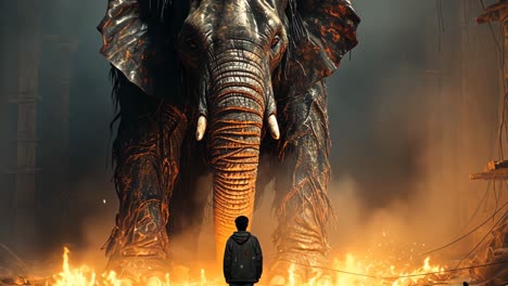boy stands before a giant elephant in a fiery underground setting