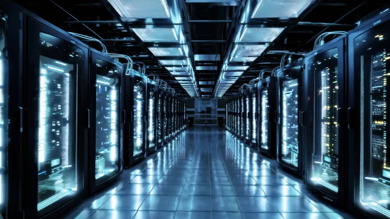Futuristisk datacenter med glødende blå lys, fanget fra et lavt engelperspektiv