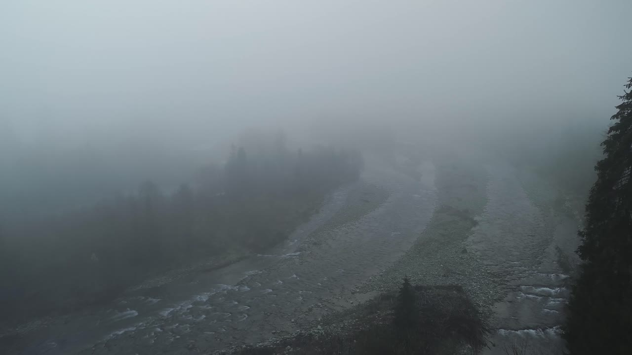 paisaje de terror con espesa niebla y árboles oscuros junto al río rocoso, aéreo