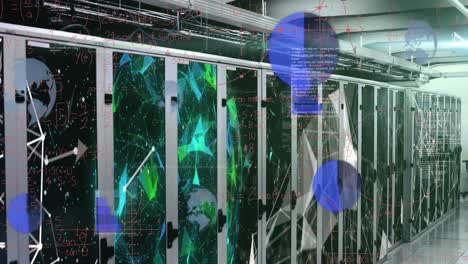animación del procesamiento de datos y ecuaciones matemáticas contra las redes plexus sobre la sala de servidores